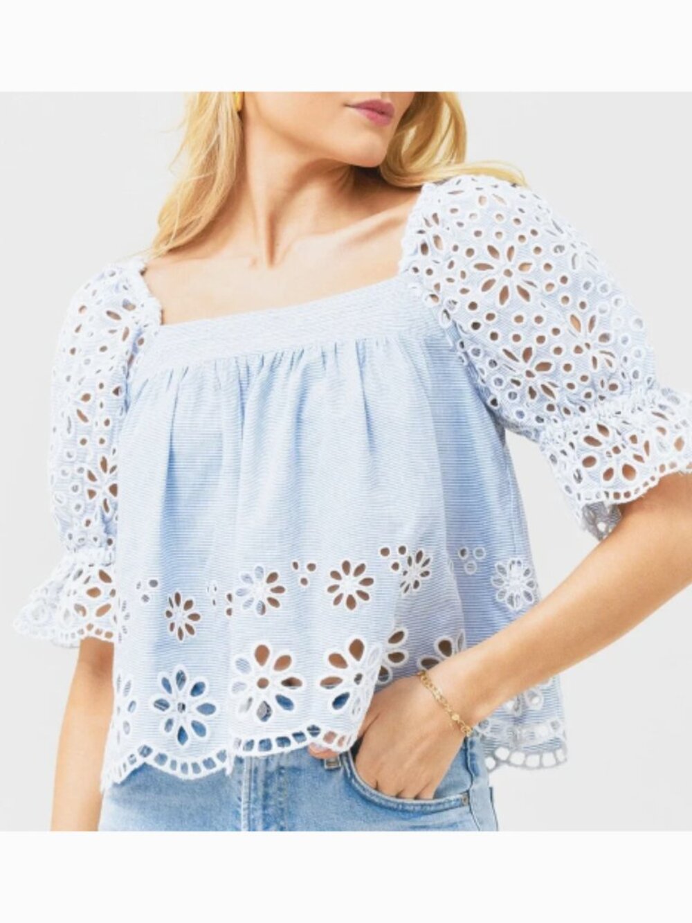Saylor Blue White Stripe Embroidered Floral Eyelet Short Sleeve Top S